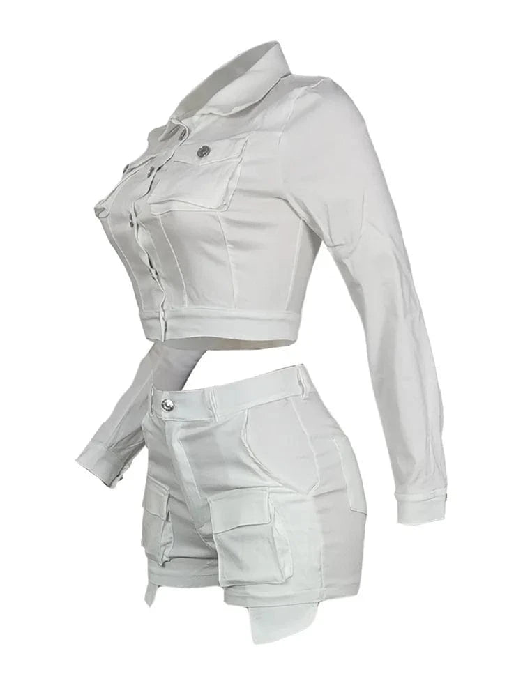 Autumn Streetwear Casual 2 Two Pieces Sets Women Outfit 2023 Long Sleeve Buttons Crop Tops Black Pink White Pockets Shorts Suits
