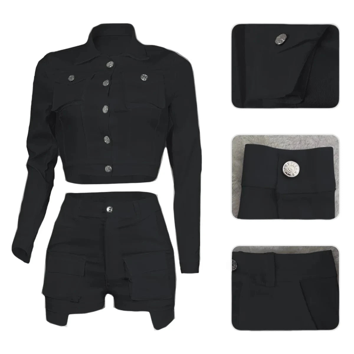 Autumn Streetwear Casual 2 Two Pieces Sets Women Outfit 2023 Long Sleeve Buttons Crop Tops Black Pink White Pockets Shorts Suits
