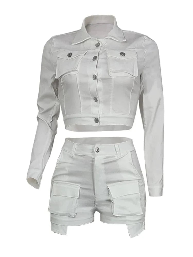 Autumn Streetwear Casual 2 Two Pieces Sets Women Outfit 2023 Long Sleeve Buttons Crop Tops Black Pink White Pockets Shorts Suits