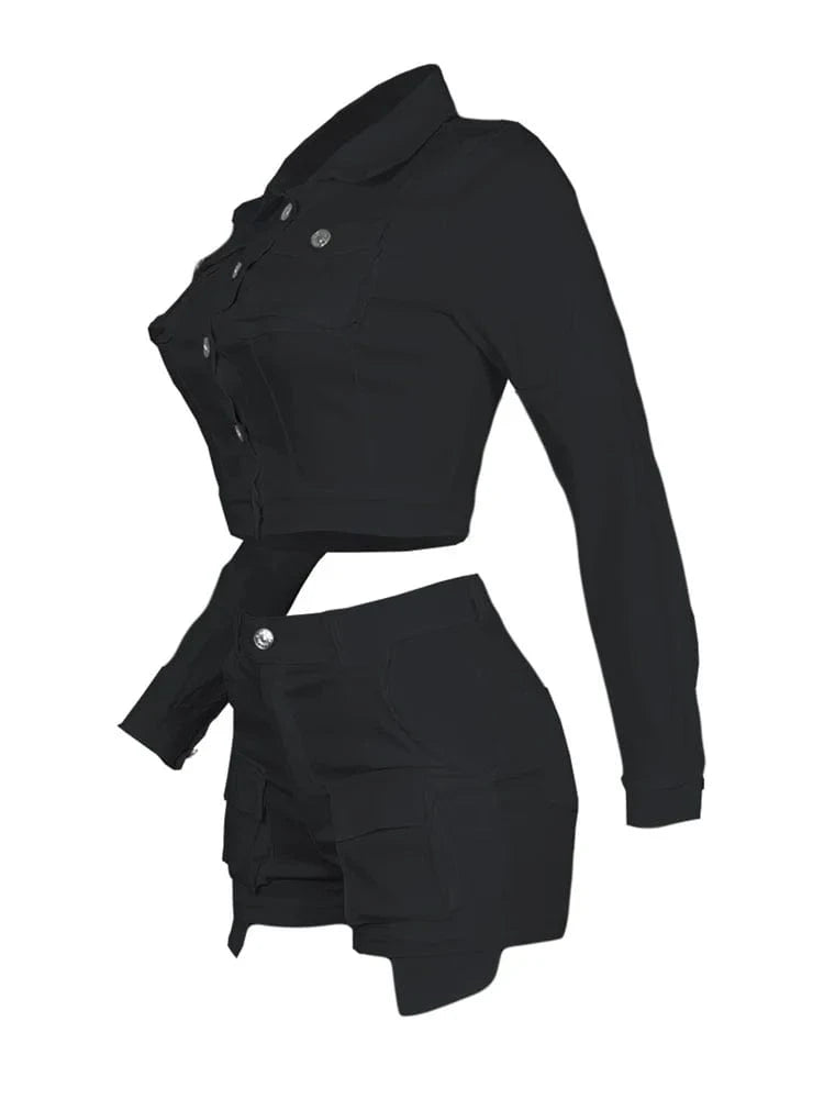 Autumn Streetwear Casual 2 Two Pieces Sets Women Outfit 2023 Long Sleeve Buttons Crop Tops Black Pink White Pockets Shorts Suits