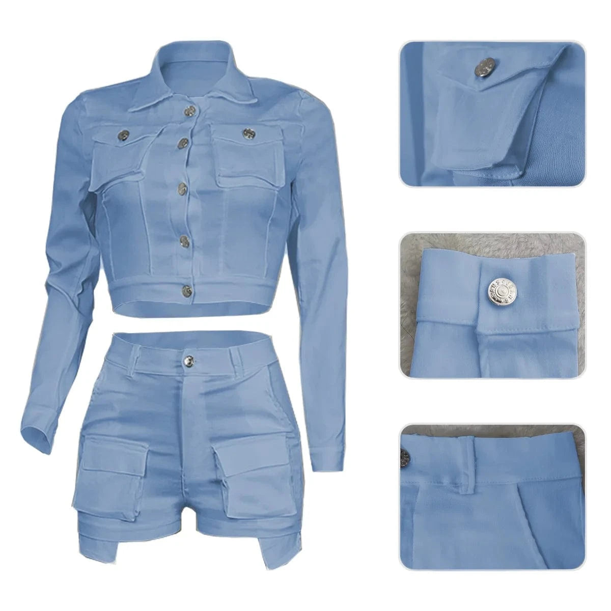 Autumn Streetwear Casual 2 Two Pieces Sets Women Outfit 2023 Long Sleeve Buttons Crop Tops Black Pink White Pockets Shorts Suits