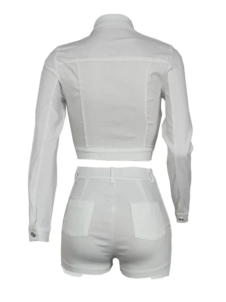 Autumn Streetwear Casual 2 Two Pieces Sets Women Outfit 2023 Long Sleeve Buttons Crop Tops Black Pink White Pockets Shorts Suits