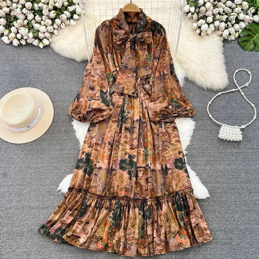 Autumn Vintage Chic Ribbon Bow Knot Long Sleeve Ruffles Patchwork Midi Dress Women Retro Dresses Clothing