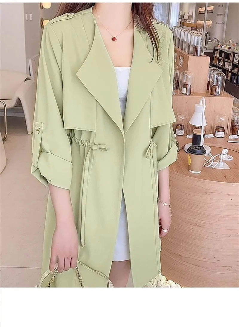 Autumn Windbreaker New Women's Thin Coat Korean Version 2023 Single-Layer Fashion Drawstring Slim Trench Coat Top with 3/4 Sleev