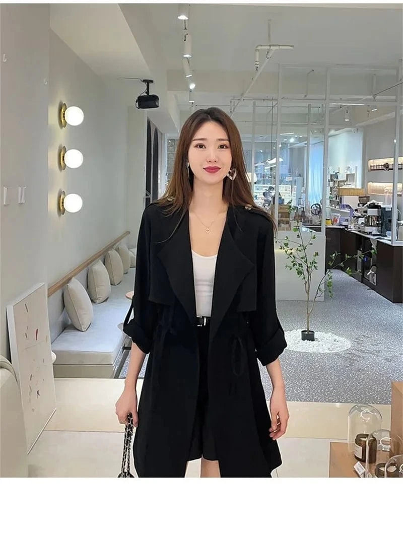 Autumn Windbreaker New Women's Thin Coat Korean Version 2023 Single-Layer Fashion Drawstring Slim Trench Coat Top with 3/4 Sleev