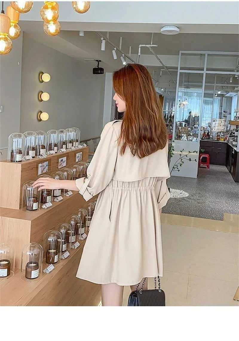 Autumn Windbreaker New Women's Thin Coat Korean Version 2023 Single-Layer Fashion Drawstring Slim Trench Coat Top with 3/4 Sleev