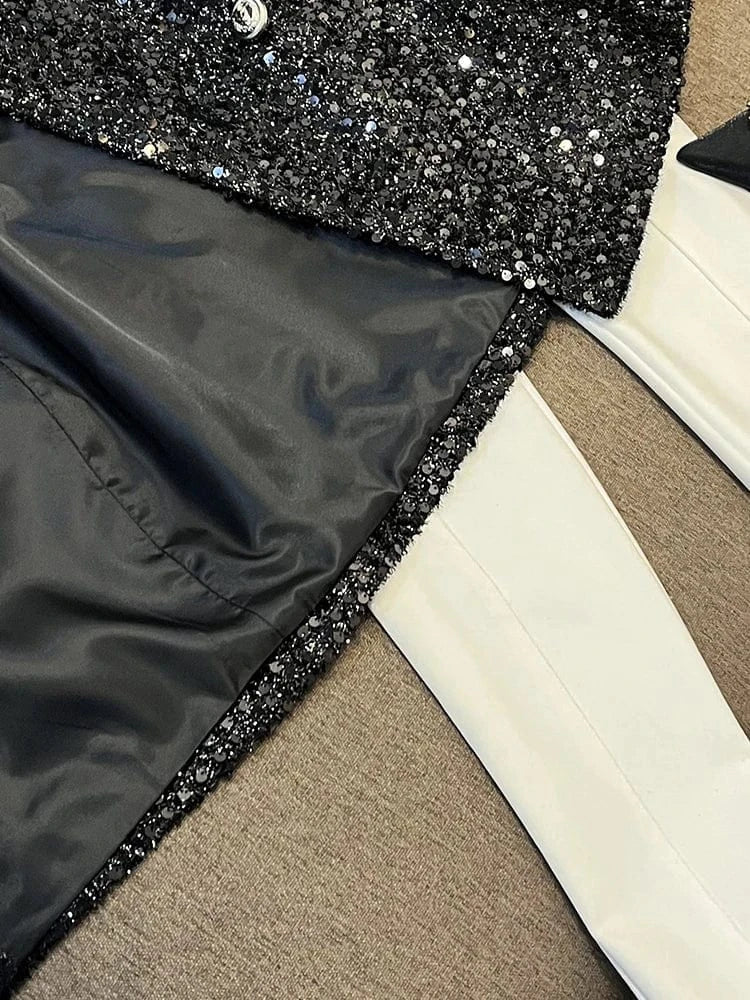 Autumn Winter Fine Workmanship All-over Shinny Sequins Designed Lady Midi Coat Women Long Sleeve Double-breasted Blazer Black