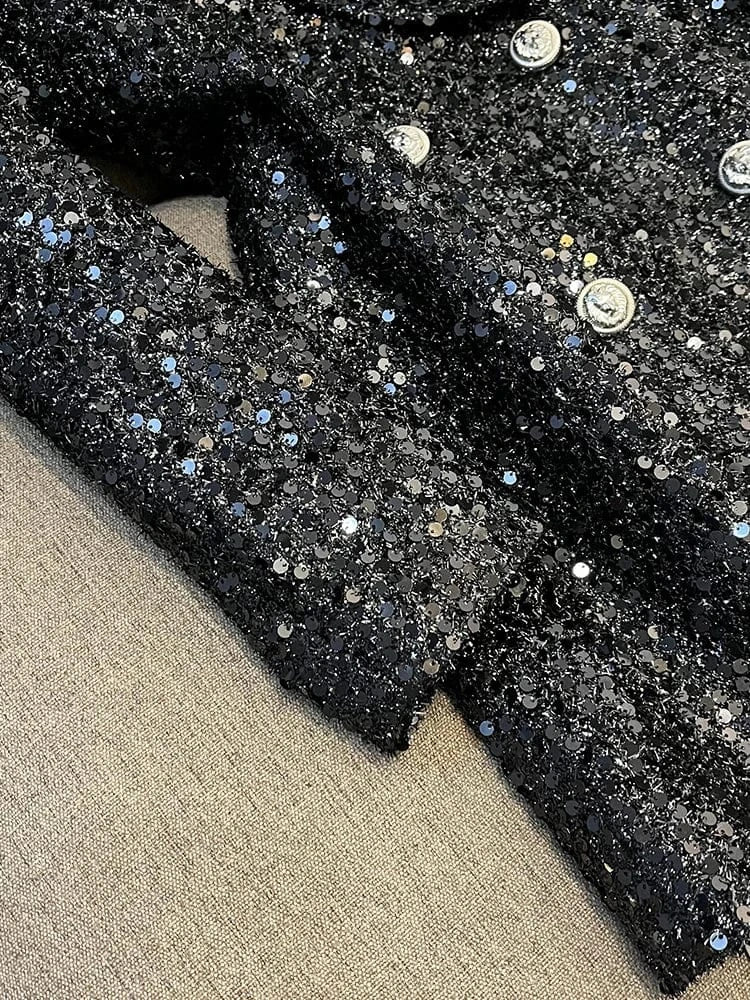 Autumn Winter Fine Workmanship All-over Shinny Sequins Designed Lady Midi Coat Women Long Sleeve Double-breasted Blazer Black
