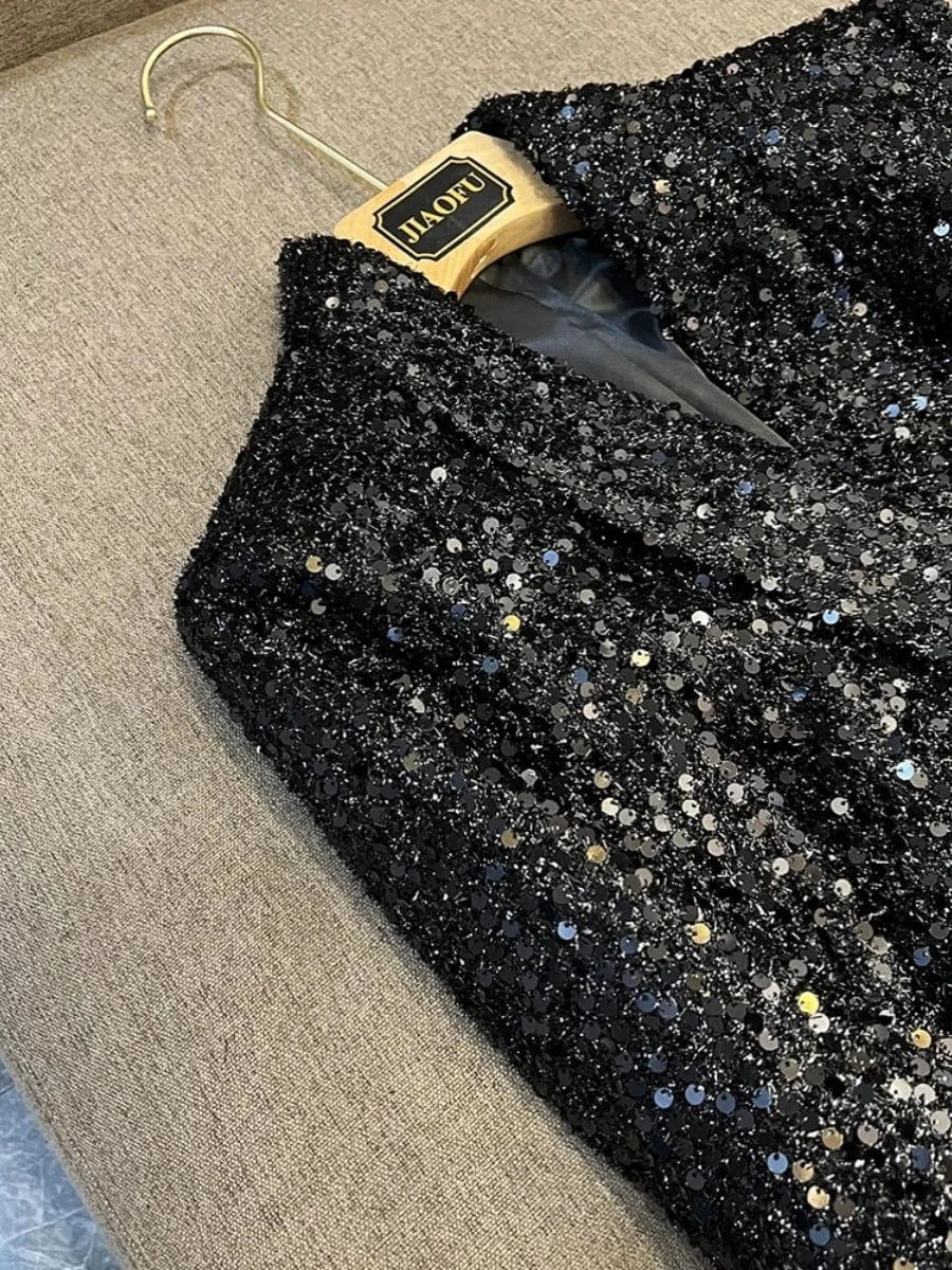 Autumn Winter Fine Workmanship All-over Shinny Sequins Designed Lady Midi Coat Women Long Sleeve Double-breasted Blazer Black