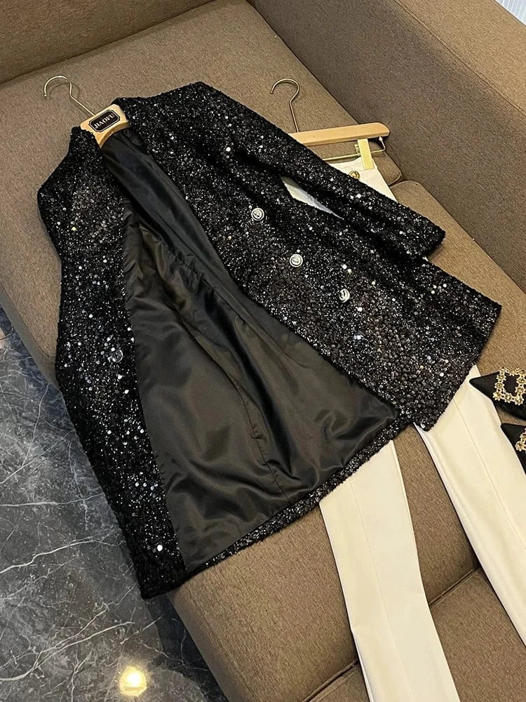 Autumn Winter Fine Workmanship All-over Shinny Sequins Designed Lady Midi Coat Women Long Sleeve Double-breasted Blazer Black