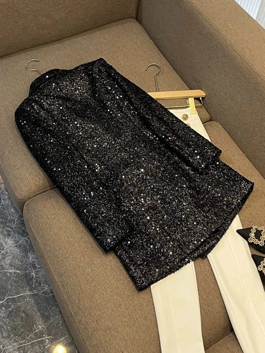 Autumn Winter Fine Workmanship All-over Shinny Sequins Designed Lady Midi Coat Women Long Sleeve Double-breasted Blazer Black
