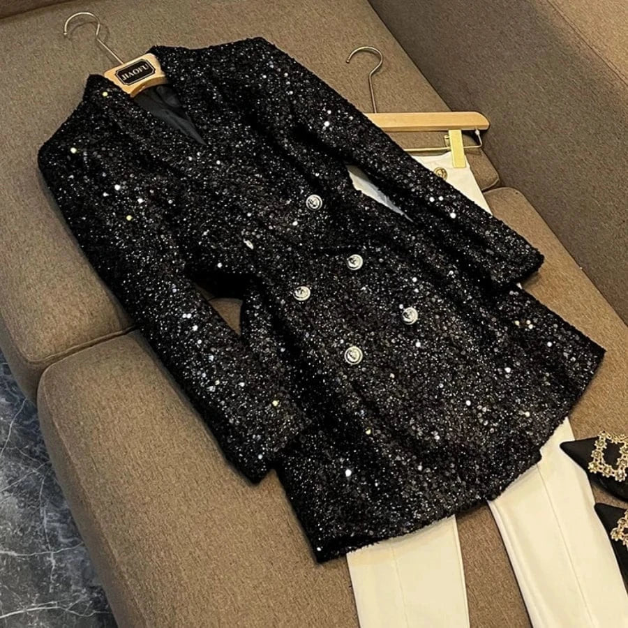 Autumn Winter Fine Workmanship All-over Shinny Sequins Designed Lady Midi Coat Women Long Sleeve Double-breasted Blazer Black