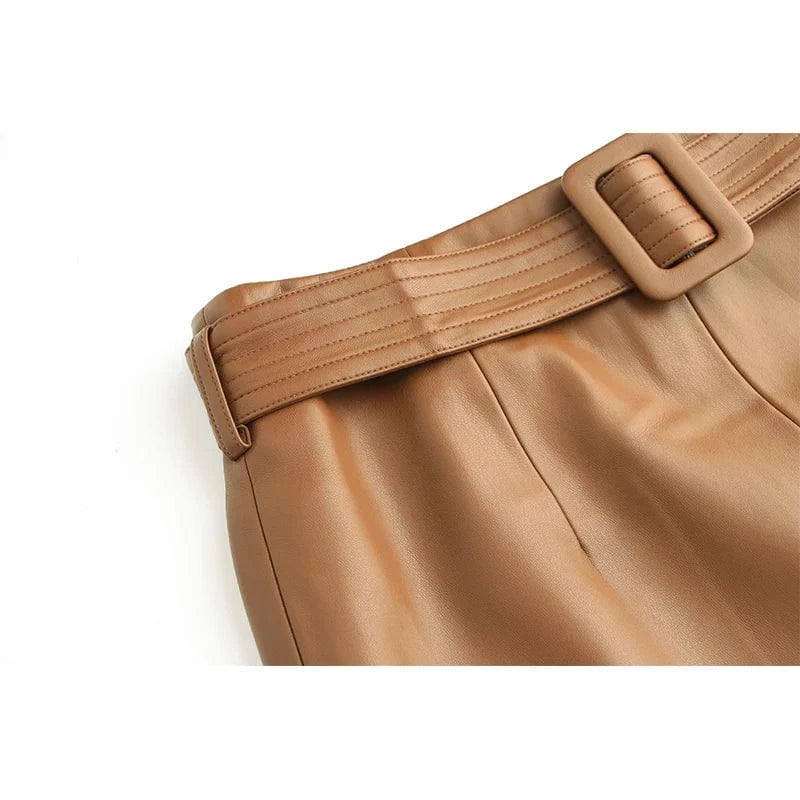 Autumn Winter Korean Style Khaki Green PU Leather Skirt With Belt Casual A-line Quality Saia for Ladies
