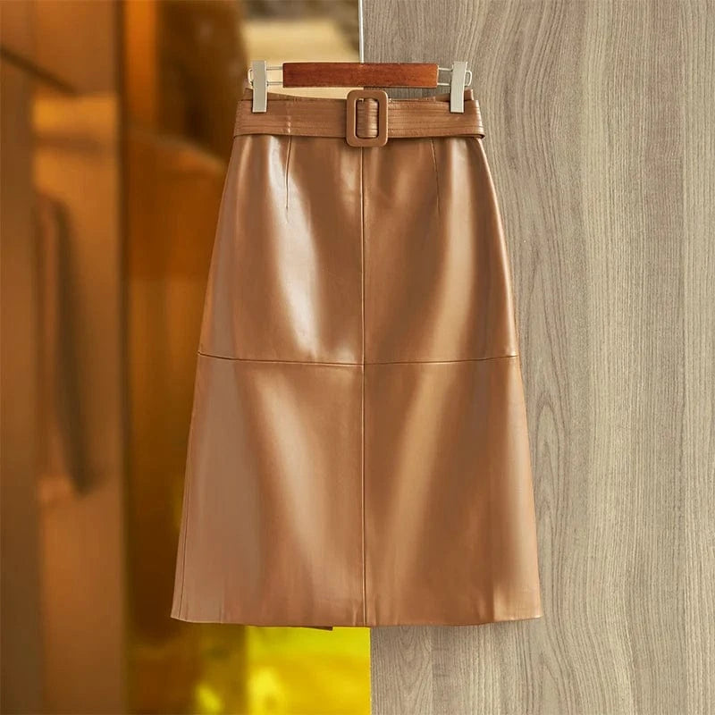 Autumn Winter Korean Style Khaki Green PU Leather Skirt With Belt Casual A-line Quality Saia for Ladies