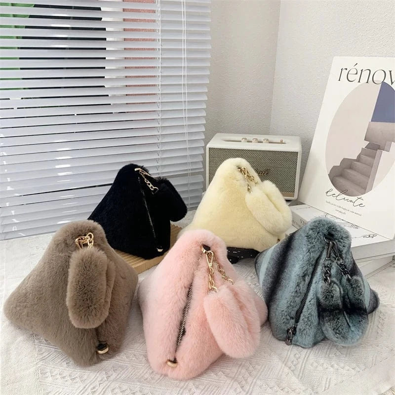 Autumn Winter New Fur Handbag Bag Handbag Fur Bag Real Rabbit Fur Plush Triangle Bag