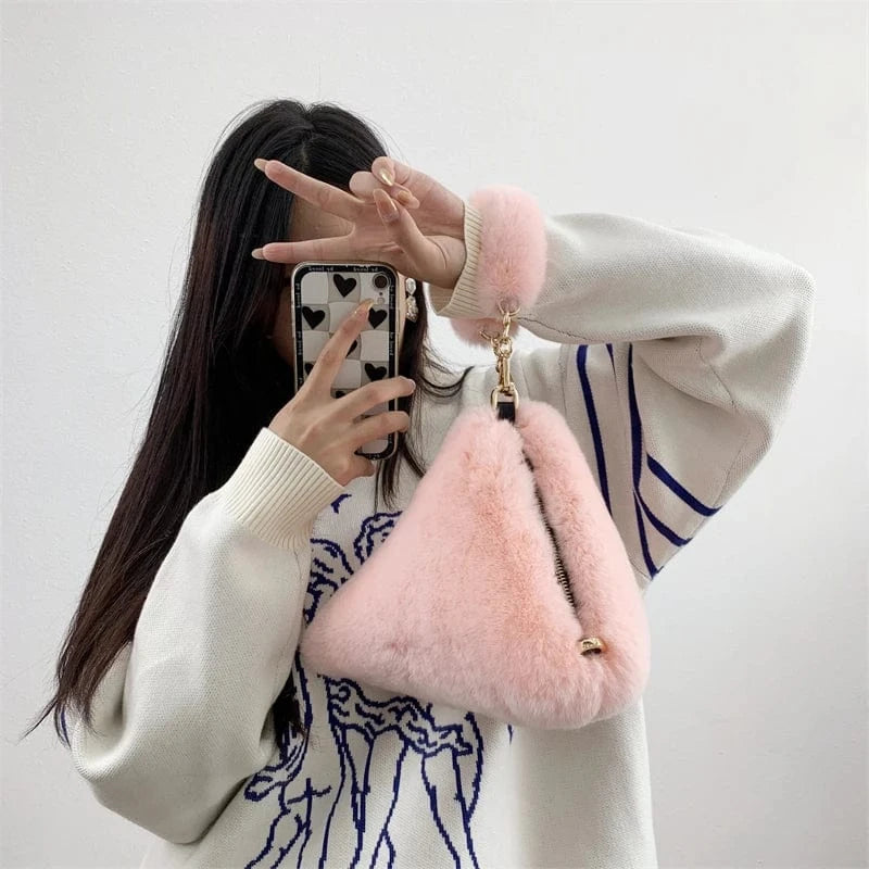 Autumn Winter New Fur Handbag Bag Handbag Fur Bag Real Rabbit Fur Plush Triangle Bag