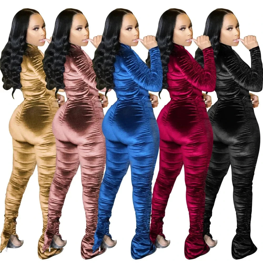 Autumn Winter Velvet Tracksuit Women Clothing Sets Ruched Casual Two Piece Set Top and Pants Sweat Suits Velour 2 Piece Outfits