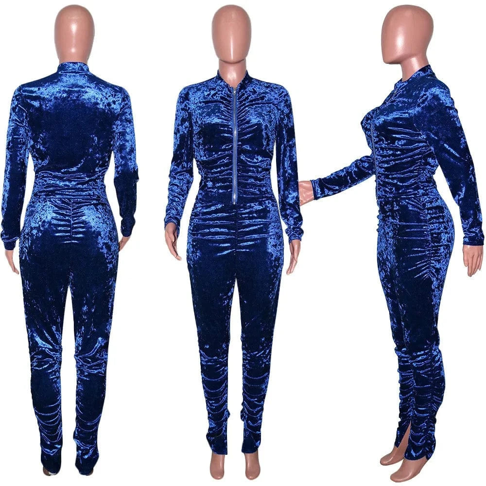 Autumn Winter Velvet Tracksuit Women Clothing Sets Ruched Casual Two Piece Set Top and Pants Sweat Suits Velour 2 Piece Outfits