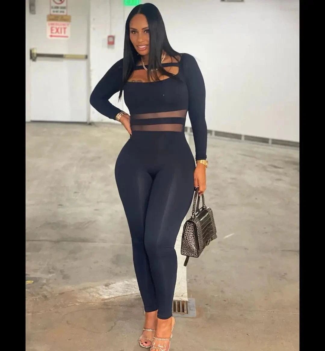 Autumn Winter Women Clothing Long Sleeve Jumpsuit One Piece Sexy See Through Mesh Jumpsuit for Women Jump Suits Ladies Casual