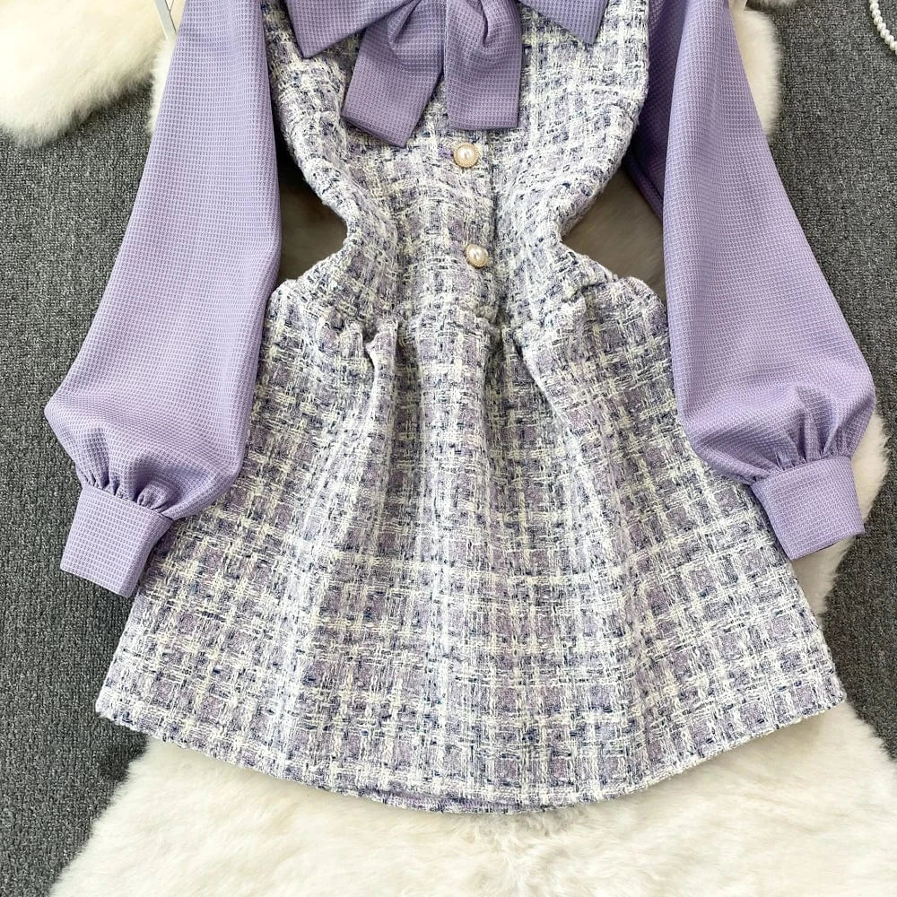 Autumn Winter Women's Long Sleeve Doll Neck Waisted Tweed Elegant Purple Dresses
