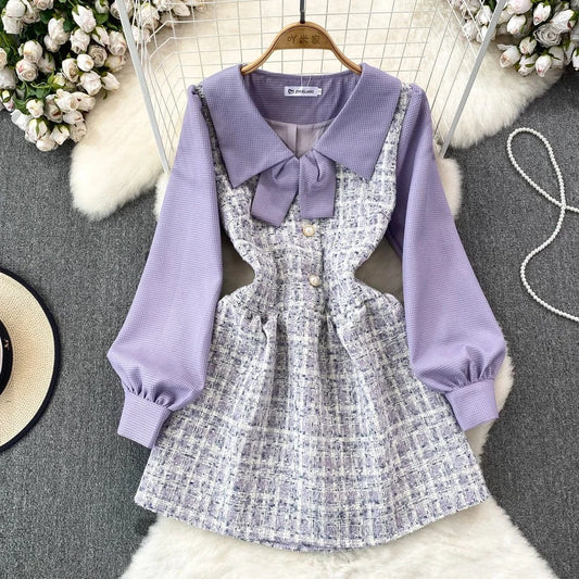Autumn Winter Women's Long Sleeve Doll Neck Waisted Tweed Elegant Purple Dresses