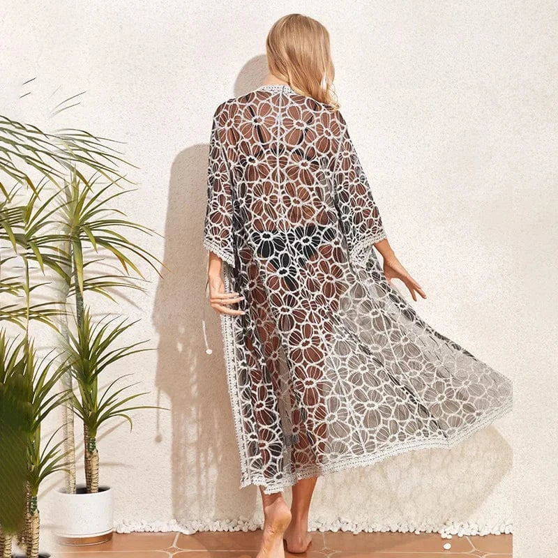 Average code / Black DAMOCHIC sexy swimsuits for women 2023 with cover up Summer Textured embroidery bathing suit cover ups hollow out beach cover up