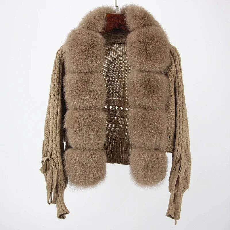 Average size / Khaki 2023 New Autumn Sweater Fox Fur Cardigan Knitted Fox Fur Coat For Women