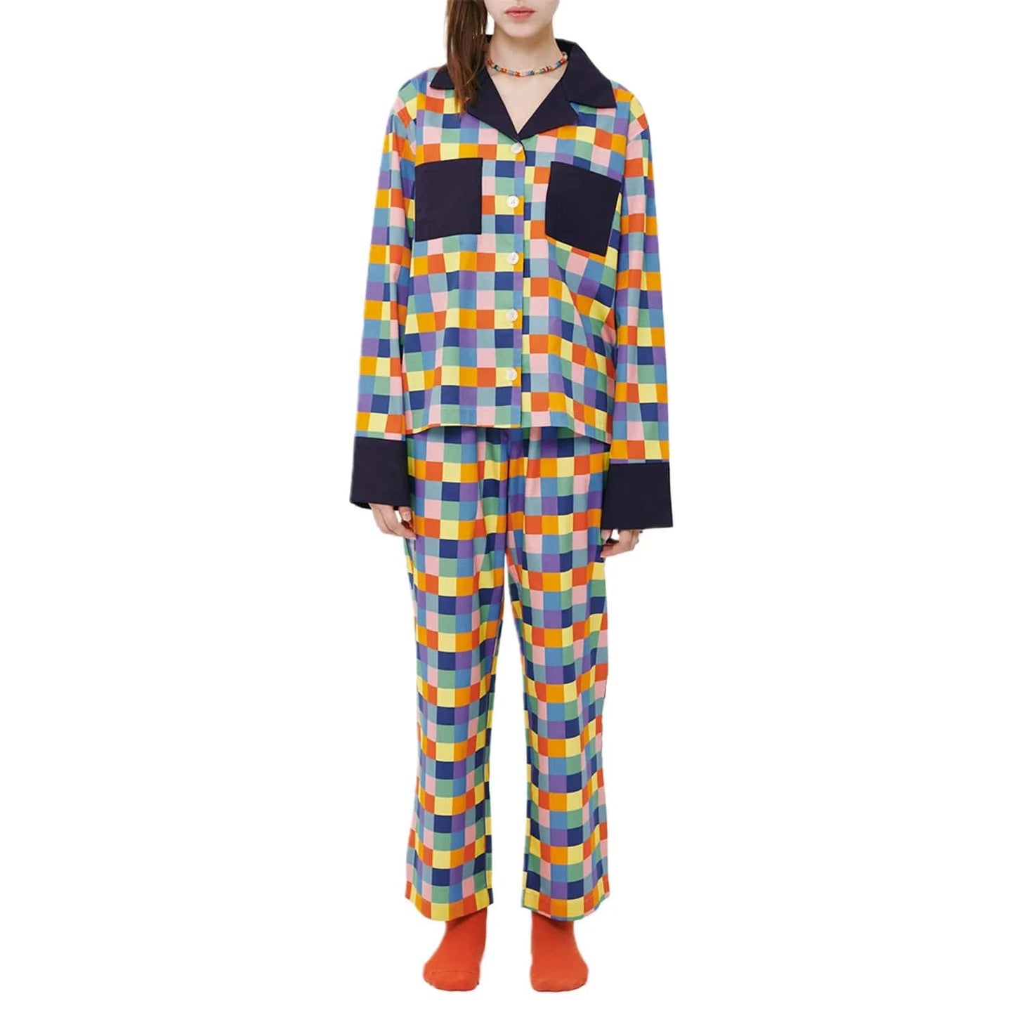 B / S Women 2 Piece Pajamas Set Colorful Plaid Print Long Sleeve Button up Shirt and Elastic Pants for Loungewear Soft Sleepwear Pjs