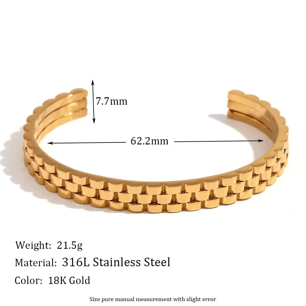 B0461_Gold Watchband Cuff Bangle 18k Gold Plated Bangles For Women Waterproof 316L Stainless Steel Jewelry