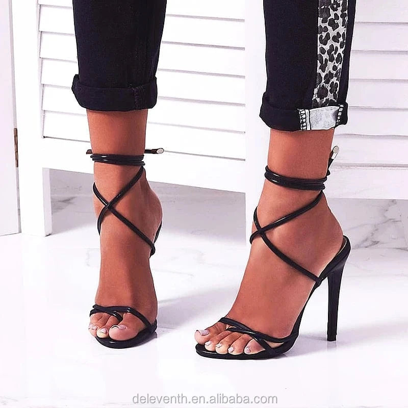 B76 Latest Summer Party Thin High Heel Women plus Size Sandals Open Toe Ankle Strap High Heels Flip Flop Stilettos Fashion Shoes
