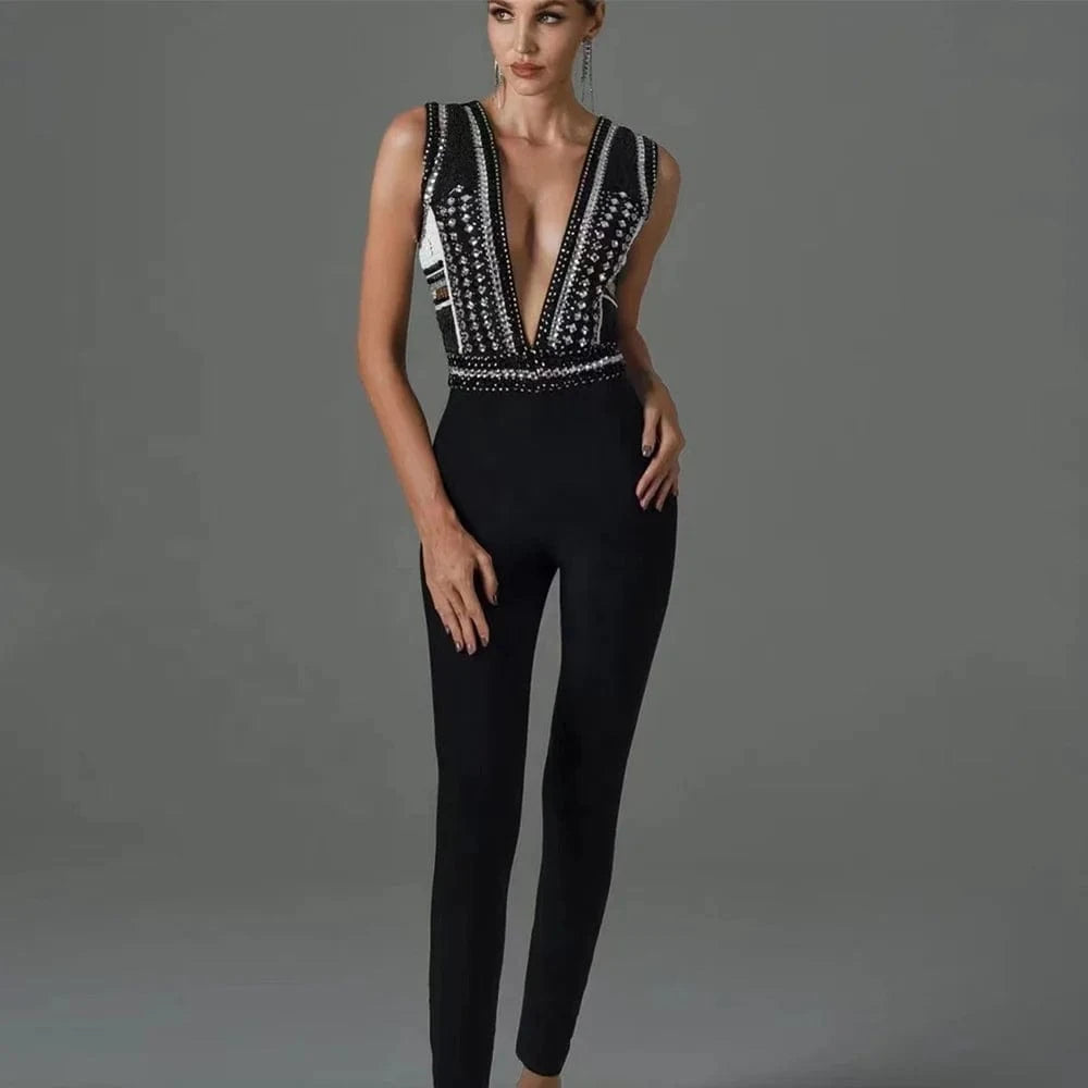 BA257 Sexy Deep V Beading Bandage Jumpsuit Women Summer 2023 Sleeveless High Waist Pencil Pants Bodysuits Original One Pieces