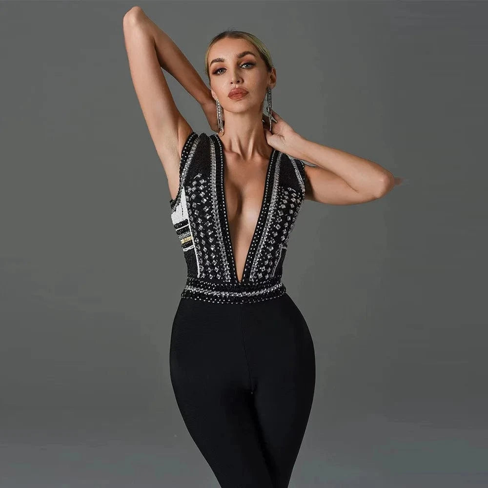 BA257 Sexy Deep V Beading Bandage Jumpsuit Women Summer 2023 Sleeveless High Waist Pencil Pants Bodysuits Original One Pieces
