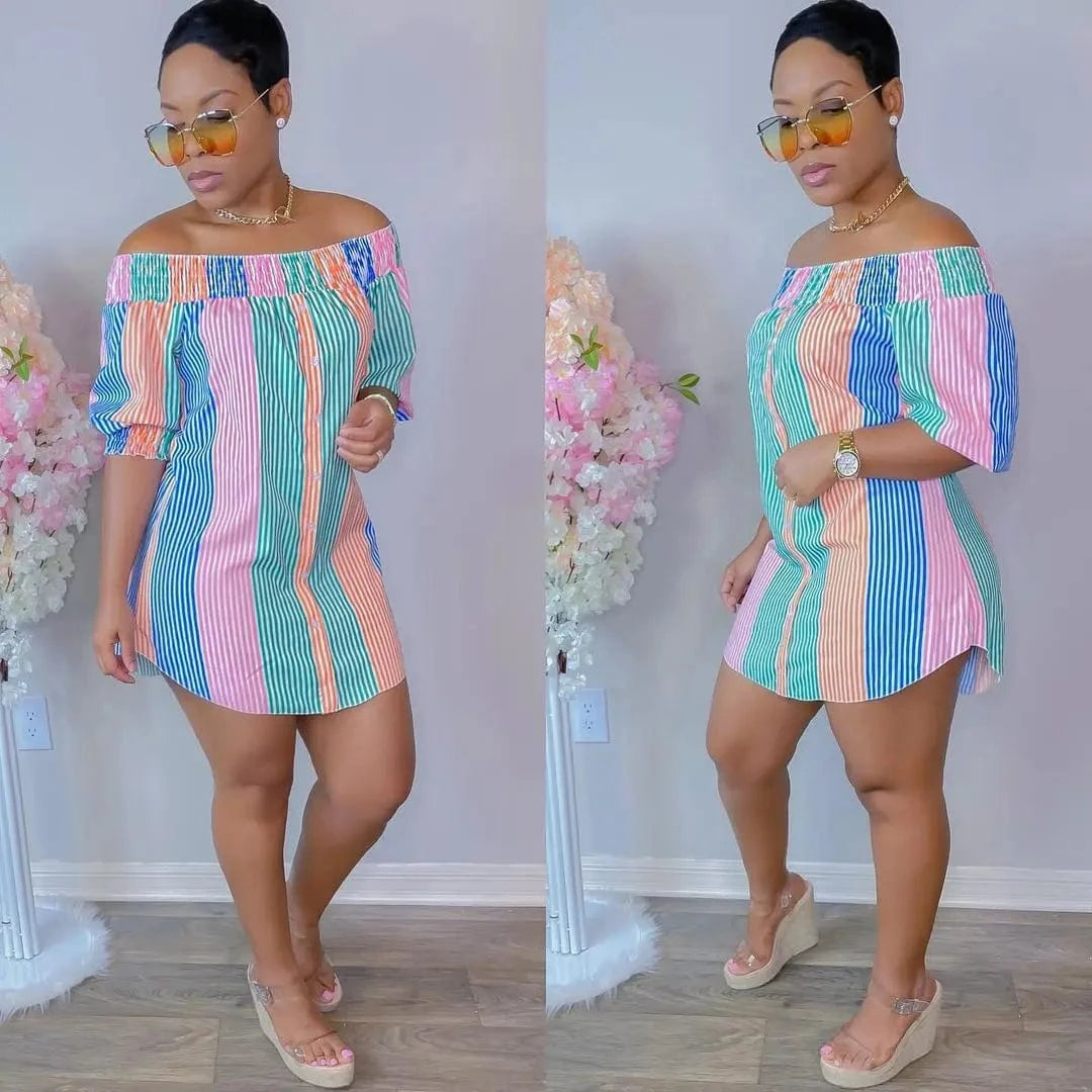 BA257 size S to 5XL hot selling mini sexy women's off shoulder striped t shirt casual dresses