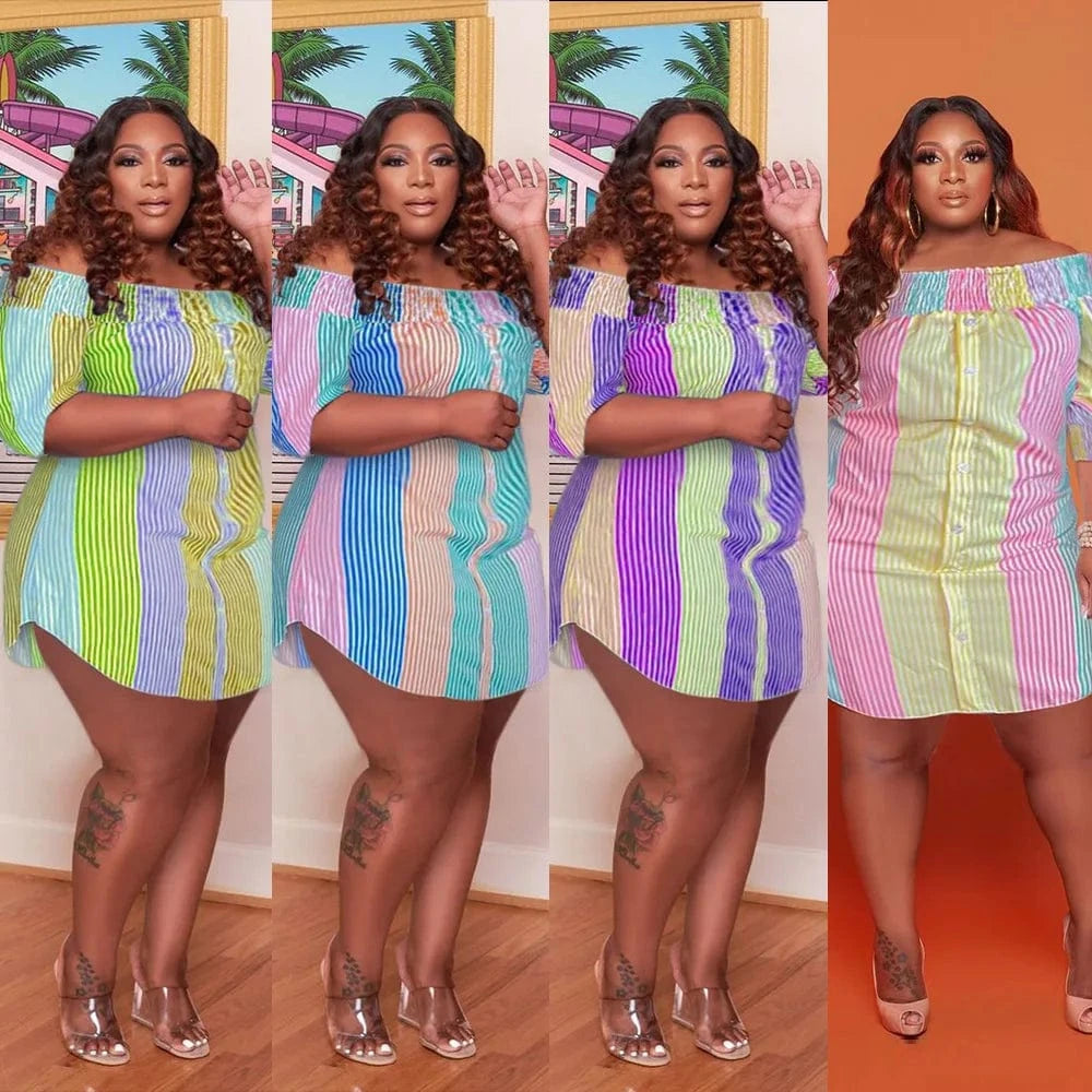 BA257 size S to 5XL hot selling mini sexy women's off shoulder striped t shirt casual dresses
