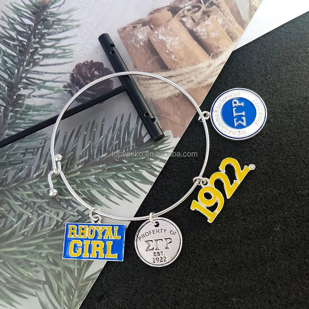 Bangle / silver Customized Greek Sorority Sigma Gamma Rho Yellow Blue Round Letter 1922 Charm Stainless Steel Bangle