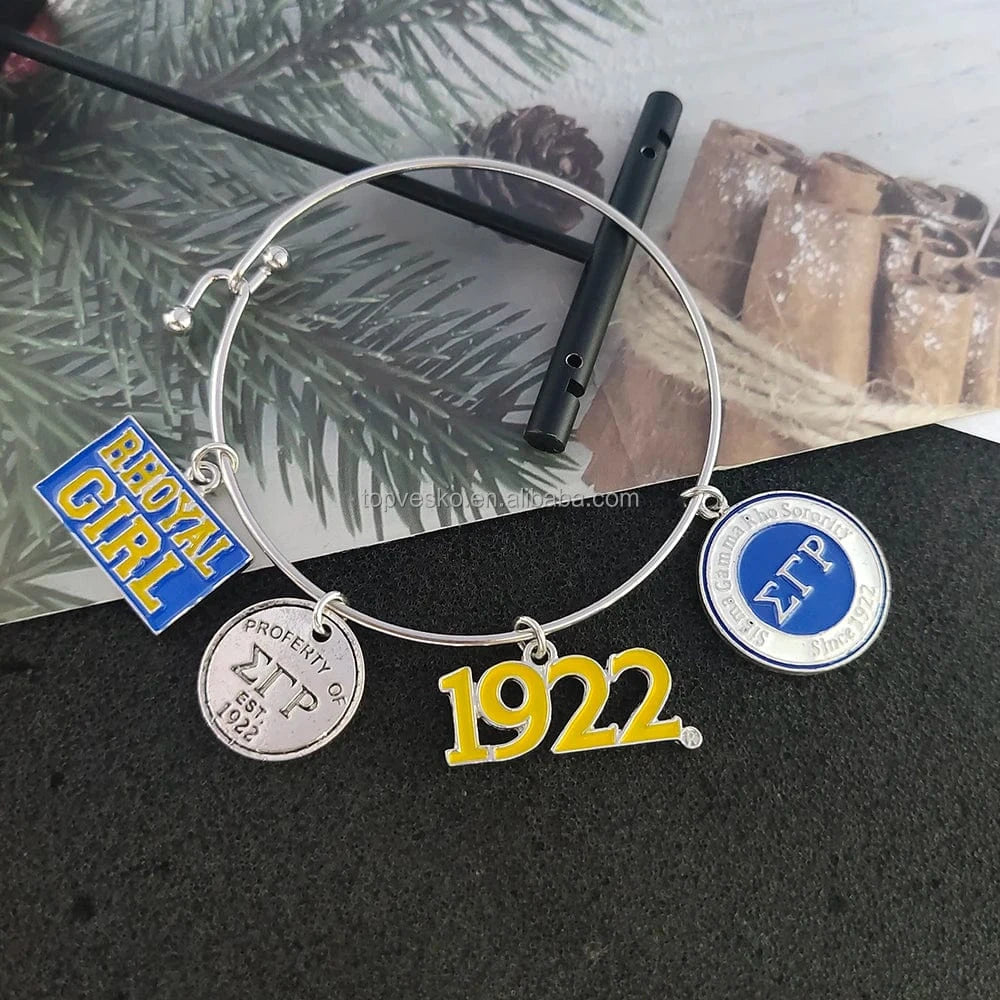 Bangle / silver Customized Greek Sorority Sigma Gamma Rho Yellow Blue Round Letter 1922 Charm Stainless Steel Bangle
