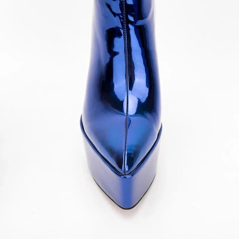 Banquet Botas Ladies Fall Winter High Heels Metallic Boots Women Thick Sole Back Zipper Pointy Toe Platform Heels Mid Calf Boots