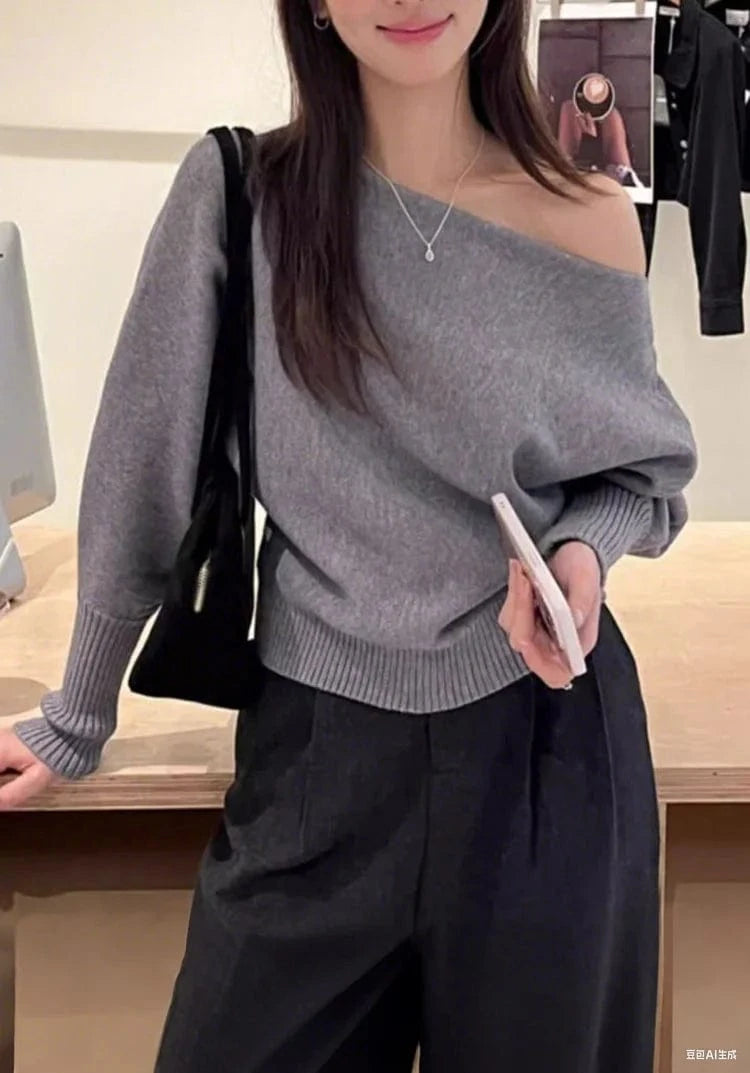 Batwing Long sleeve Knitted Pullover Women Solid color Off shoulder Top Korean Fashion Sweater Loose Casual Autumn Outwear Pull