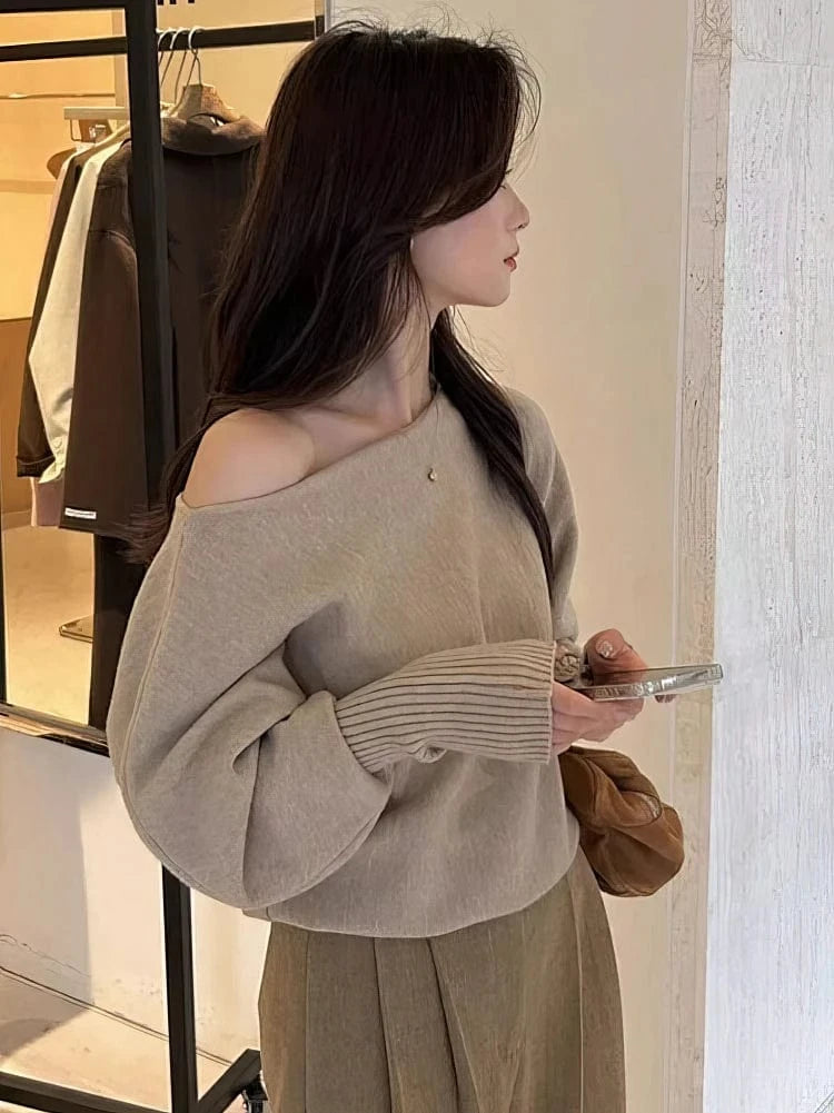 Batwing Long sleeve Knitted Pullover Women Solid color Off shoulder Top Korean Fashion Sweater Loose Casual Autumn Outwear Pull