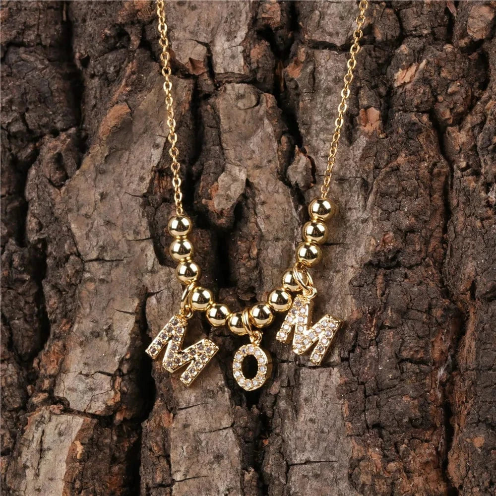 Beads Handmade Women Mama Letter Stainless Gold Plated Link Chain Mom Crystal Diamond Rhinestone Necklace Pendant