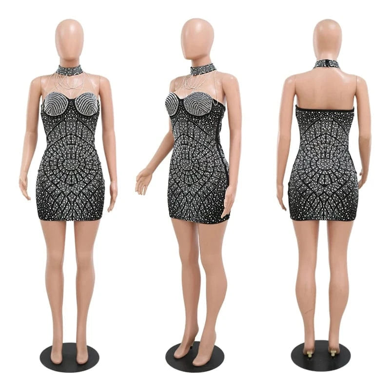 beautiful mini sleeveless luxury sequin crystal rhinestone halter birthday party bodycon evening ball gown wedding dress black