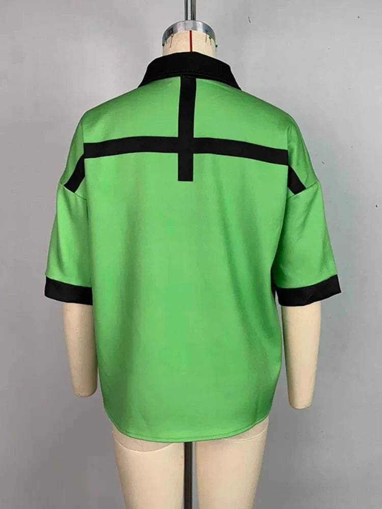 Beautyblue 2025 Summer Polo T-shirt Chic Elegant Shirt Loose Half Sleeves Button High Street Cool Women's Fashion Blouses Tops