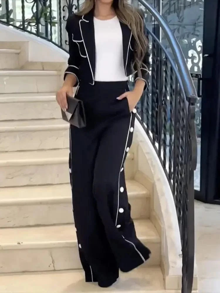 Beautyblue Black Pant Set Women's Blazer&Pants New Fashion High Waist Loose Buttoned Pocket Lapel Two-piece Set Office Commute