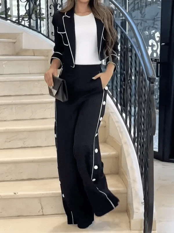 Beautyblue Black Pant Set Women's Blazer&Pants New Fashion High Waist Loose Buttoned Pocket Lapel Two-piece Set Office Commute