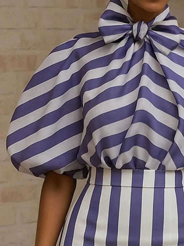 Beautyblue Blue Striped Shirts for Women Commuter Blouses 2025 Elegant Loose Bow Tie Puff Sleeves Bowknot High Neck Female Tops