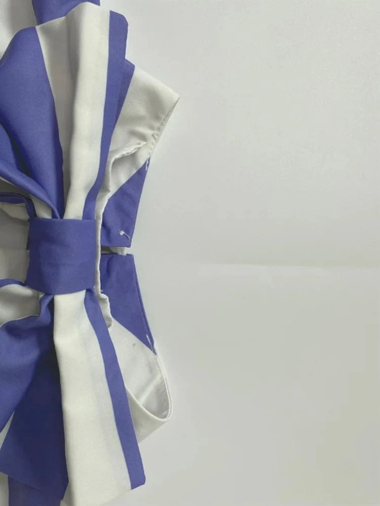 Beautyblue Blue Striped Shirts for Women Commuter Blouses 2025 Elegant Loose Bow Tie Puff Sleeves Bowknot High Neck Female Tops