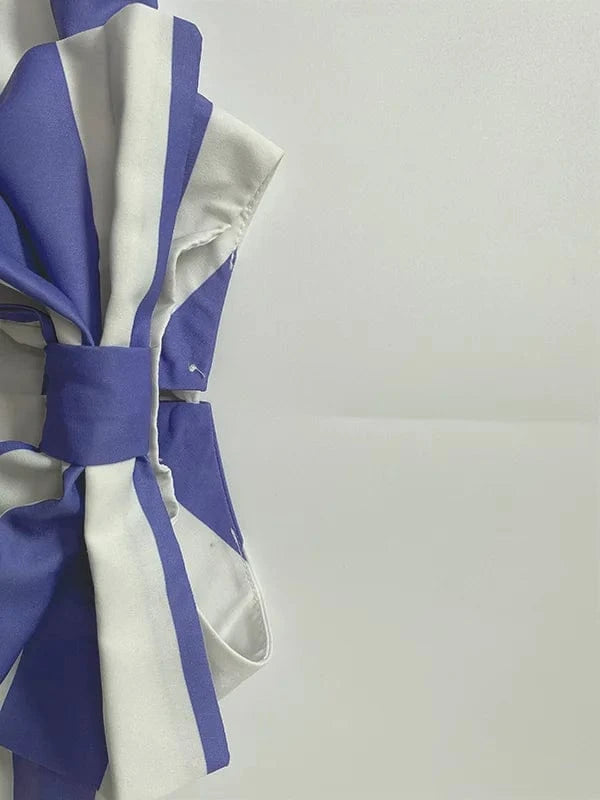 Beautyblue Blue Striped Shirts for Women Commuter Blouses 2025 Elegant Loose Bow Tie Puff Sleeves Bowknot High Neck Female Tops