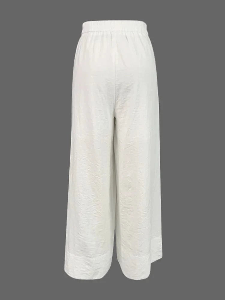 Beautyblue Casual Daily Pants Women Loose Wide Leg Pants 2025 Summer Solid Color Vacation High Waisted Elasticity White Trousers