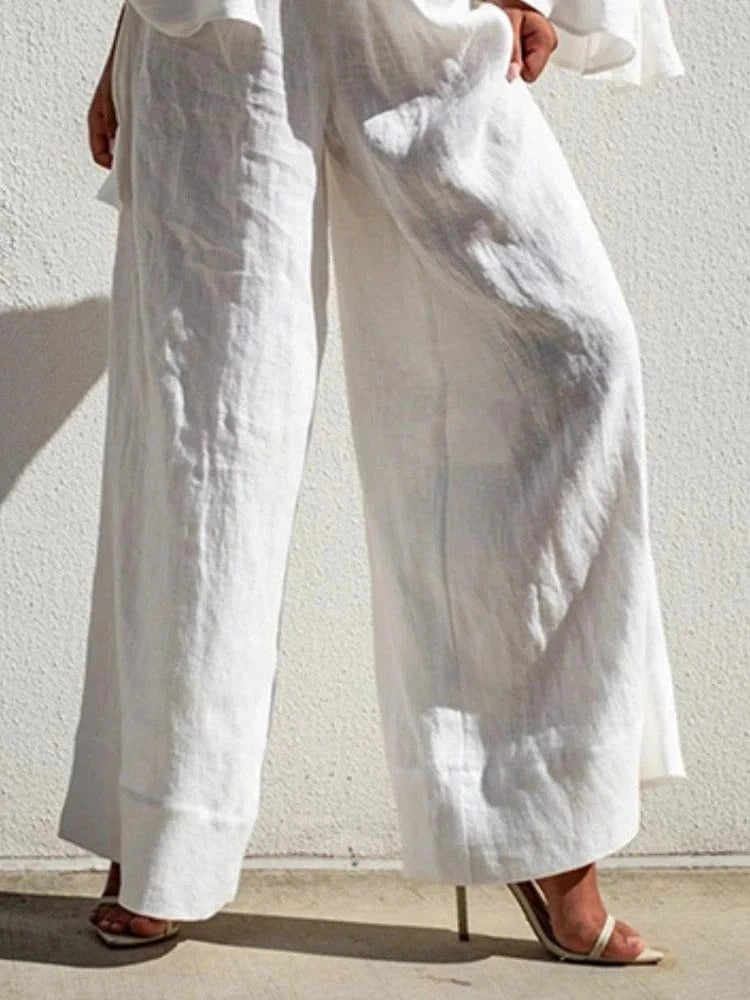 Beautyblue Casual Daily Pants Women Loose Wide Leg Pants 2025 Summer Solid Color Vacation High Waisted Elasticity White Trousers