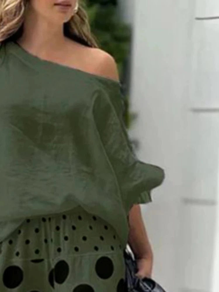 Beautyblue Elegant One-Shoulder Blouses&Shirts for Women Green Tops 2025 New Casual Loose Tied Asymmetric Fashion Female Clothes